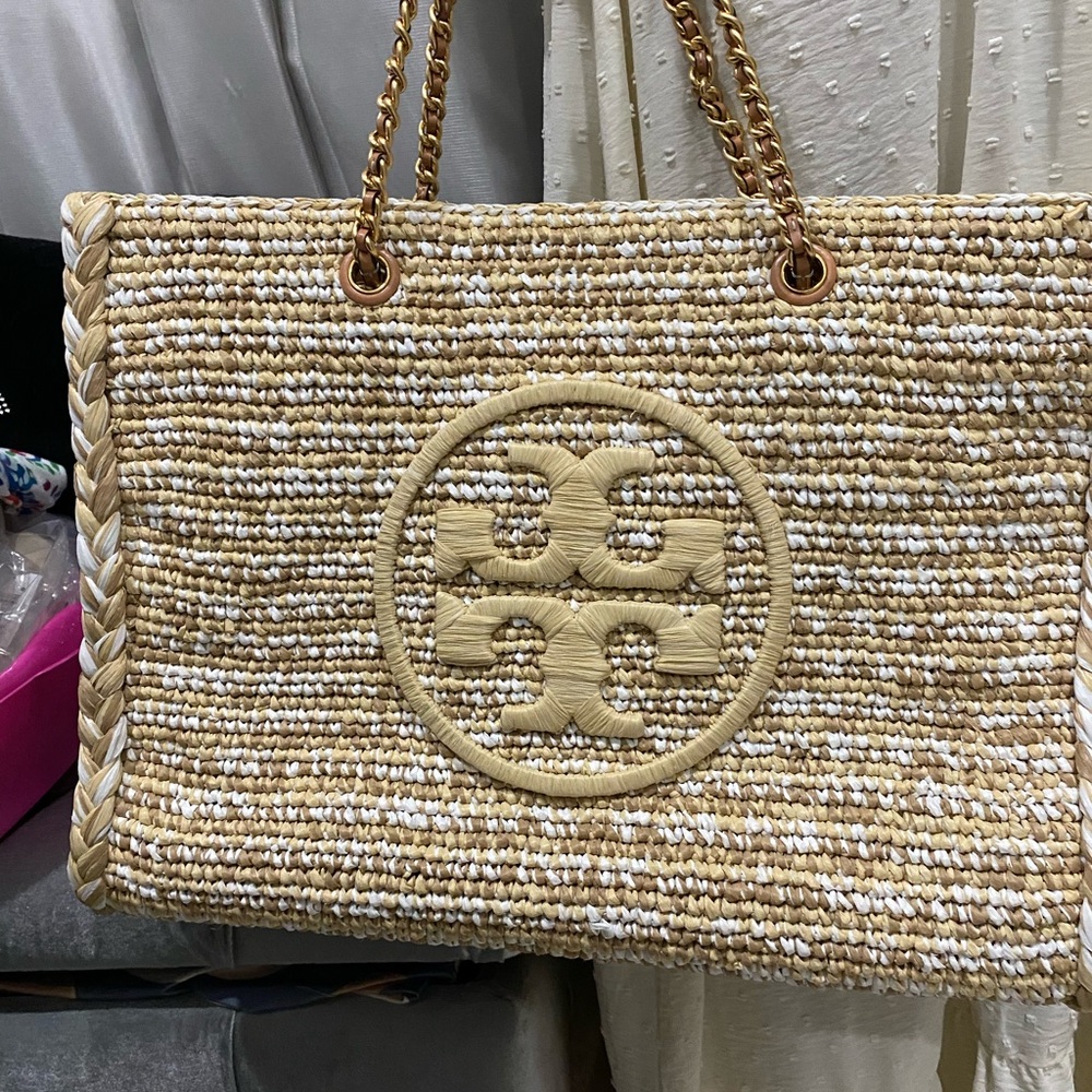 Large Tory Burch Ella Raffia Straw Tote Bag - Picture 11 of 13